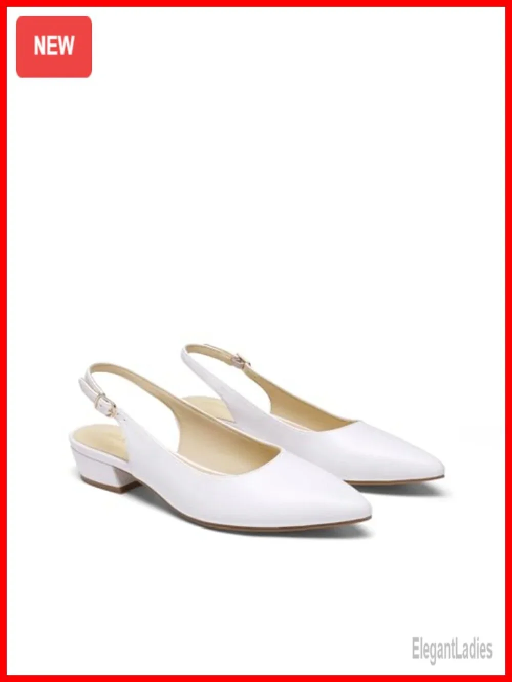 Slingback Low Block Heels Pumps - Faux Leather - Pointed Toe - Adjustable Strap